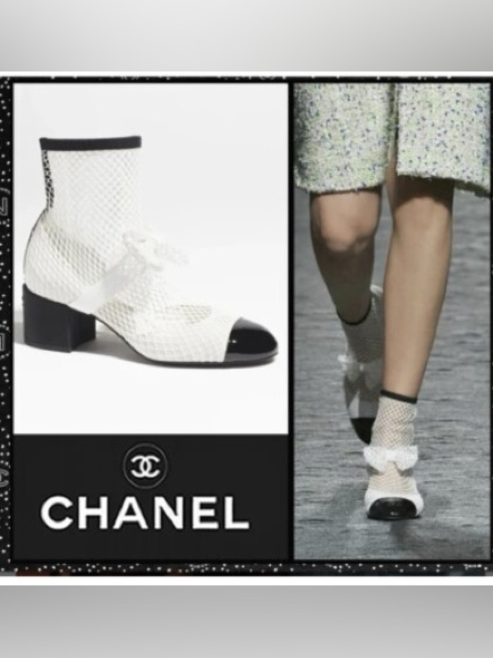 CHANEL White Mesh Bow Block-Heel Sock Boots with Black Patent Toe